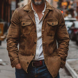 Men’s Heavy Washed Leather Jacket with Lapel Collar | Vintage Workwear Coat