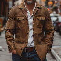 Men’s Heavy Washed Leather Jacket with Lapel Collar | Vintage Workwear Coat